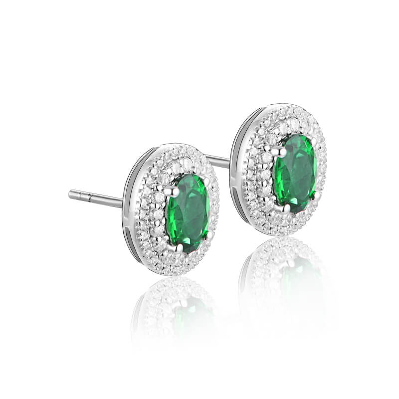 Double Halo Oval Lab-Created Emerald Sterling Silver Stud Earrings - ReadYourHeart
