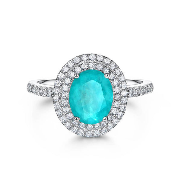 Double Halo Oval Paraiba Tourmaline Pave Accents Sterling Silver Ring - ReadYourHeart