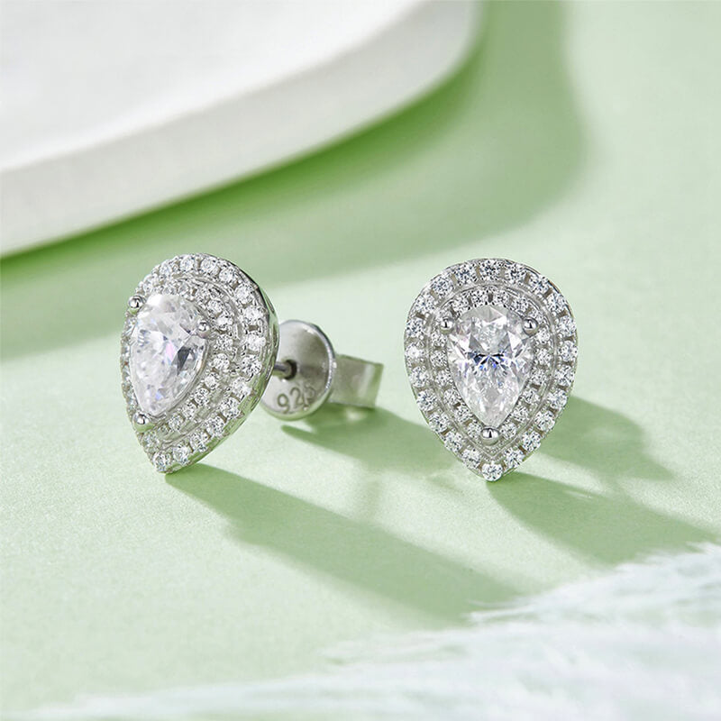 Double Halo Pear Cut Moissanite Stud Earrings In Sterling Silver - ReadYourHeart