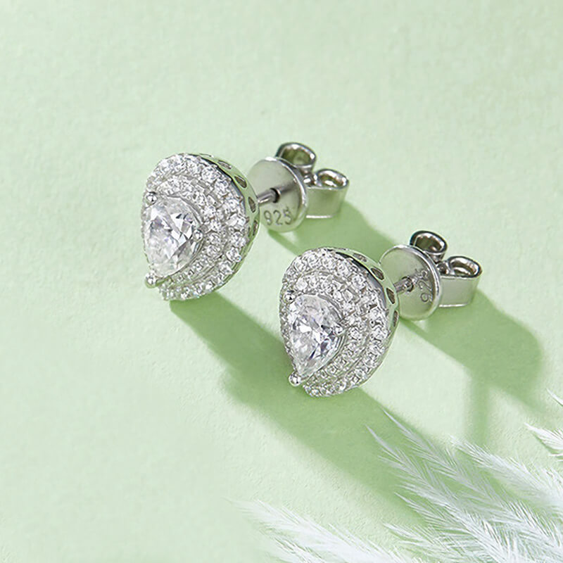 Double Halo Pear Cut Moissanite Stud Earrings In Sterling Silver - ReadYourHeart