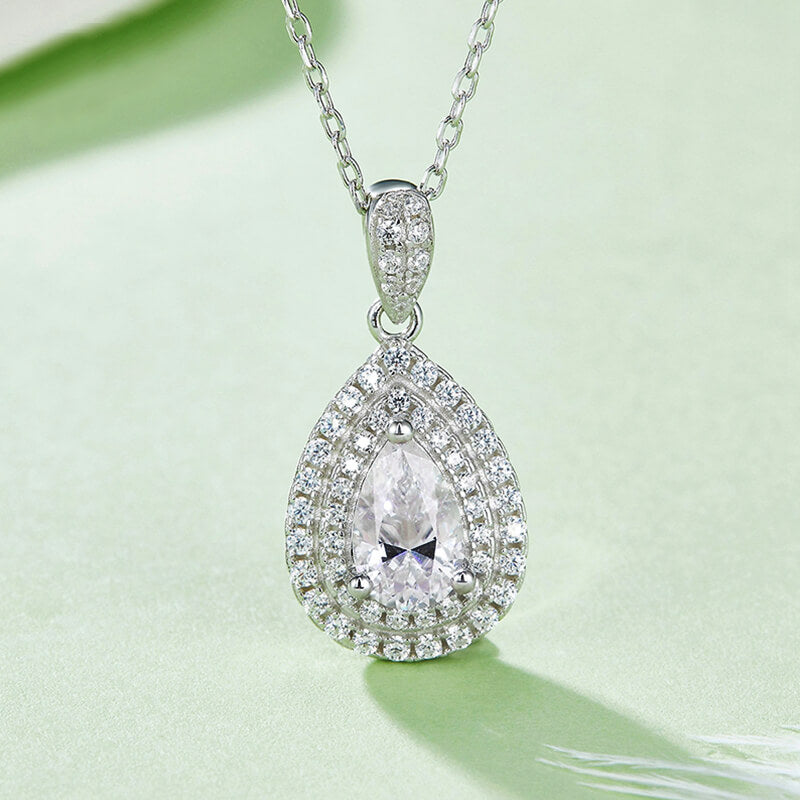 Double Halo Pear Moissanite Pendant Necklace - ReadYourHeart