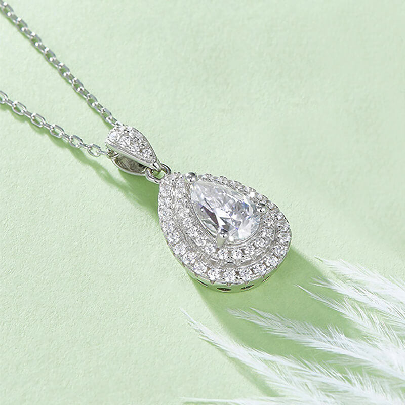Double Halo Pear Moissanite Pendant Necklace - ReadYourHeart