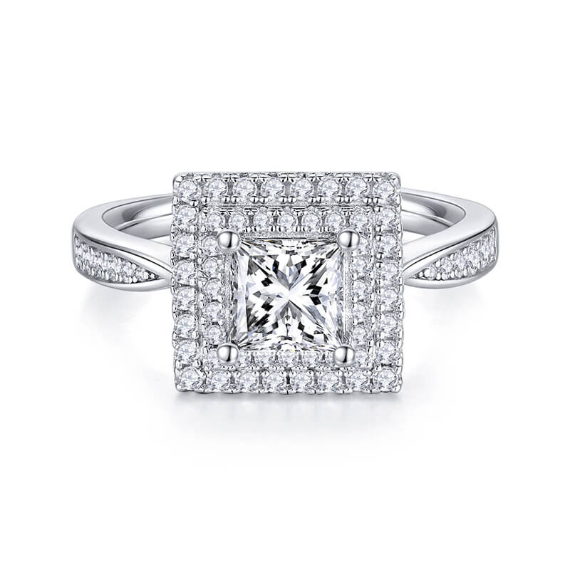 Double Halo Princess Cut Moissanite Pave Engagement Ring - ReadYourHeart
