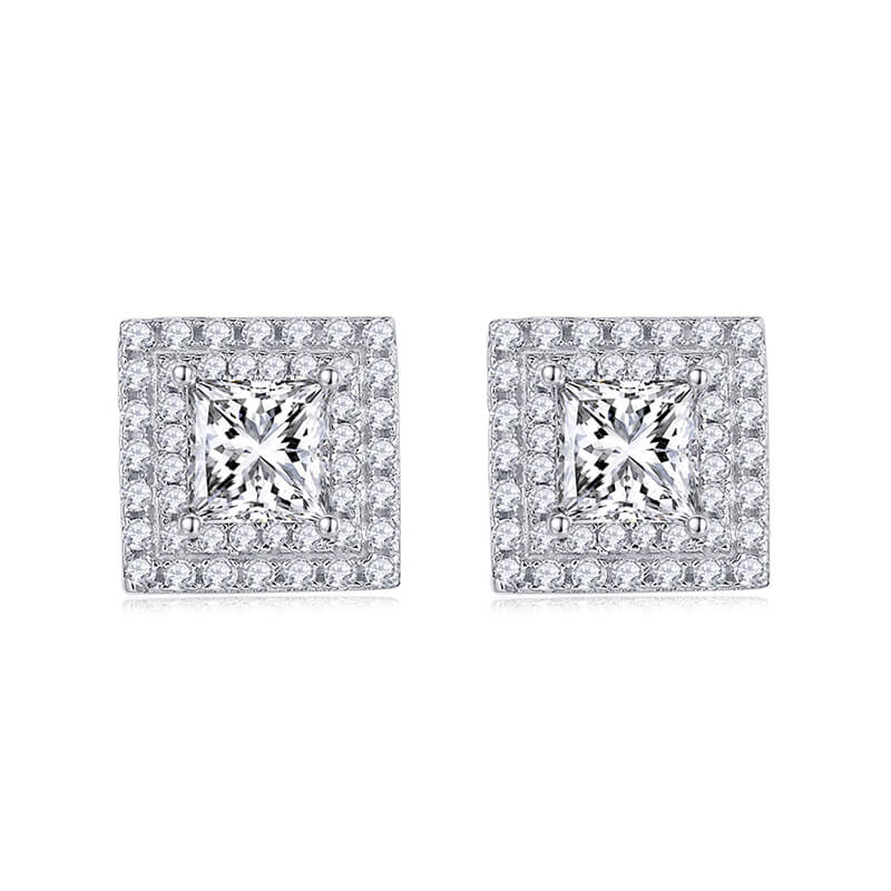 Double Halo Princess Cut Moissanite Stud Earrings In Sterling Silver - ReadYourHeart