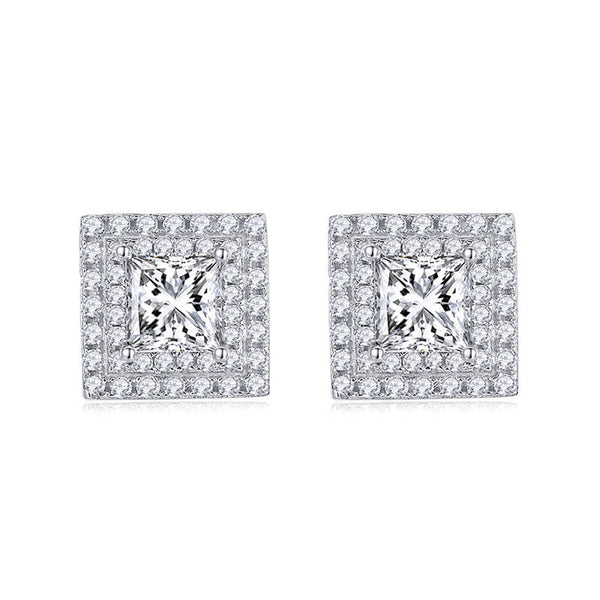 Double Halo Princess Cut Moissanite Stud Earrings In Sterling Silver - ReadYourHeart