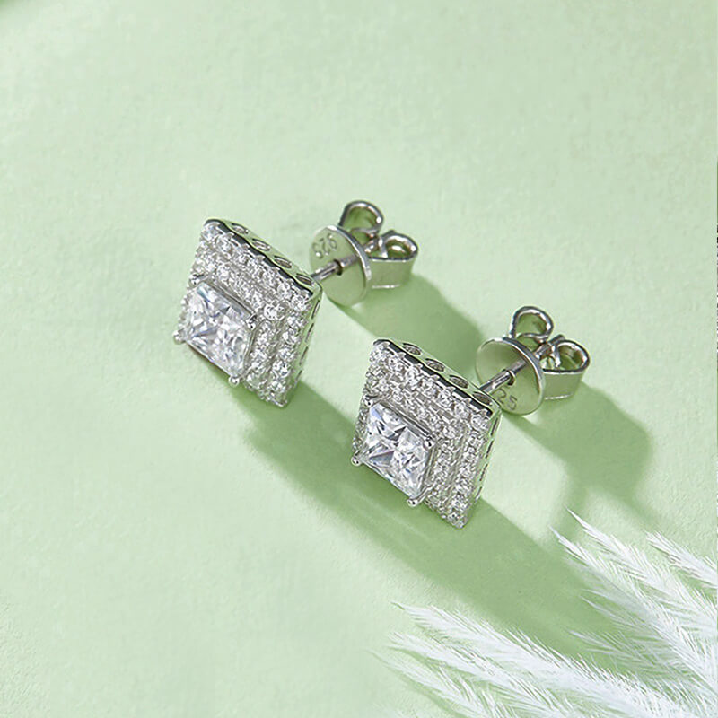 Double Halo Princess Cut Moissanite Stud Earrings In Sterling Silver - ReadYourHeart