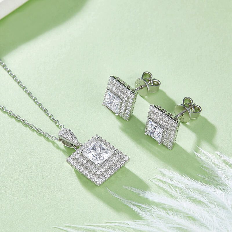 Double Halo Princess Cut Moissanite Stud Earrings In Sterling Silver - ReadYourHeart