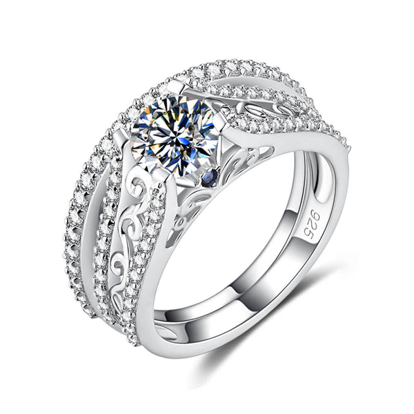 Double Shank Filigree Moissanite Pave Bridal Engagement Ring Set - ReadYourHeart