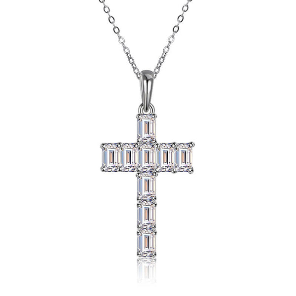 Emerald-Cut Moissanite Cross Pendant Necklace in Sterling Silver - ReadYourHeart