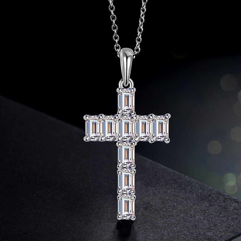 Emerald-Cut Moissanite Cross Pendant Necklace in Sterling Silver - ReadYourHeart