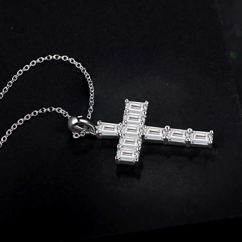 Emerald-Cut Moissanite Cross Pendant Necklace in Sterling Silver - ReadYourHeart