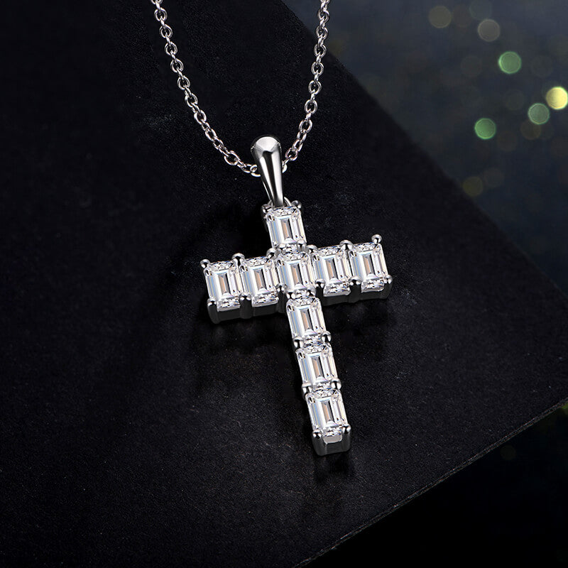 Emerald-Cut Moissanite Cross Pendant Necklace in Sterling Silver - ReadYourHeart