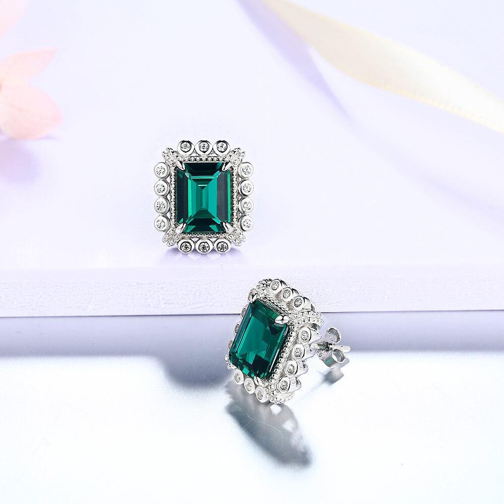 Emerald Cut Lab Created Emerald Classic Luxury Sterling Silver Earrings - ReadYourHeart