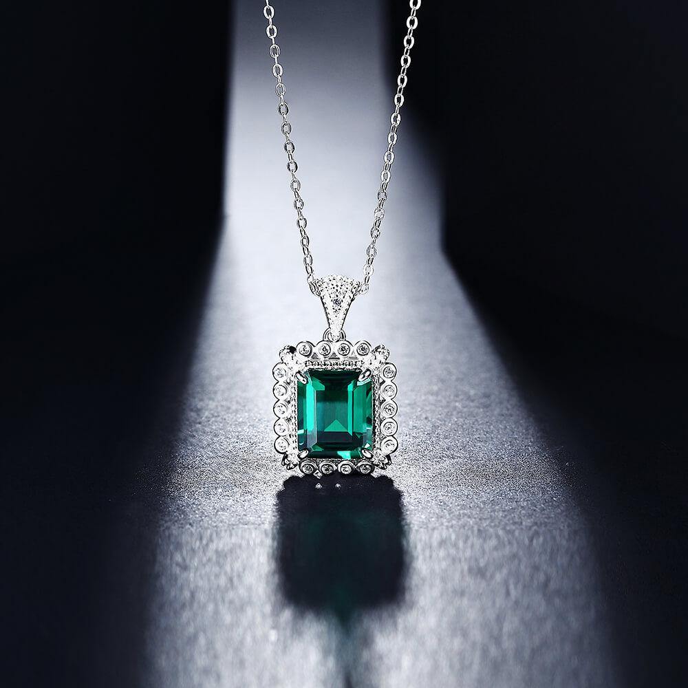 Emerald Cut Lab Created Emerald Classic Luxury Sterling Silver Necklace - ReadYourHeart