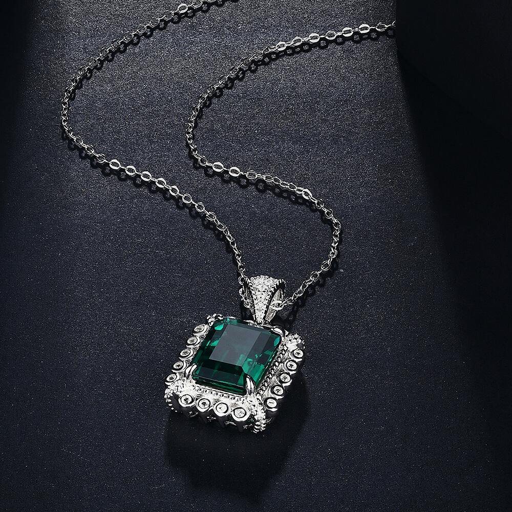Emerald Cut Lab Created Emerald Classic Luxury Sterling Silver Necklace - ReadYourHeart