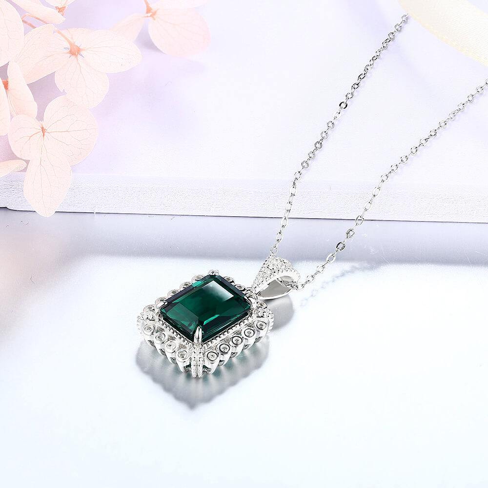Emerald Cut Lab Created Emerald Classic Luxury Sterling Silver Necklace - ReadYourHeart