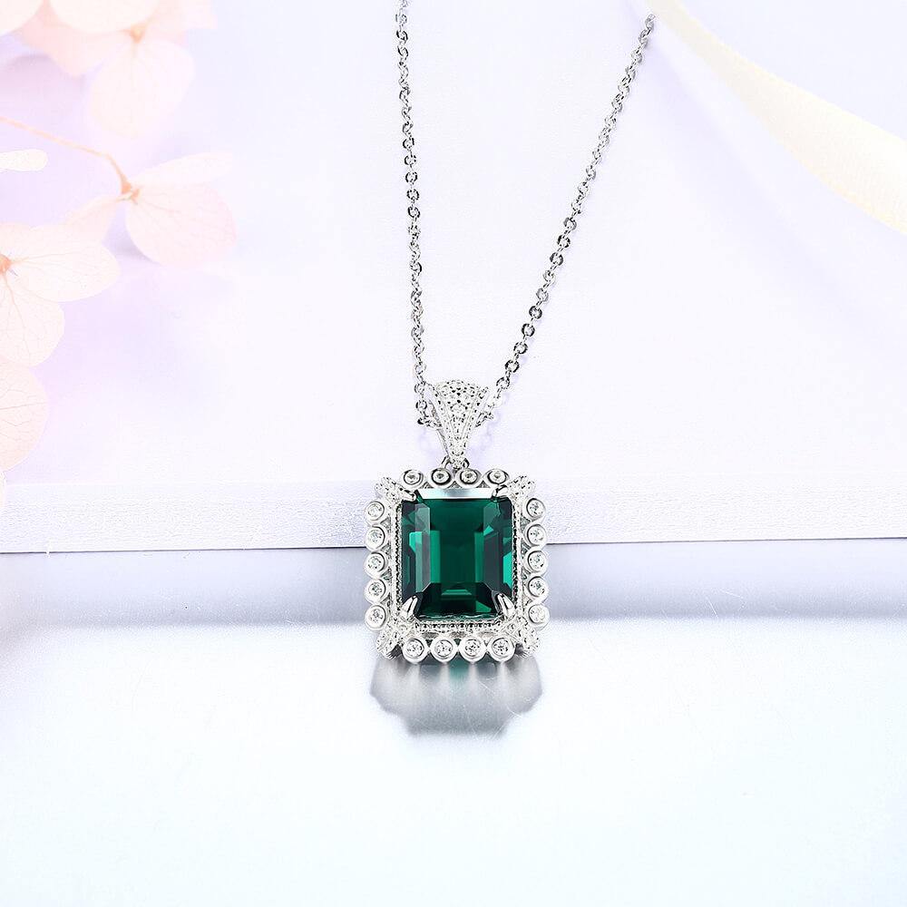 Emerald Cut Lab Created Emerald Classic Luxury Sterling Silver Necklace - ReadYourHeart