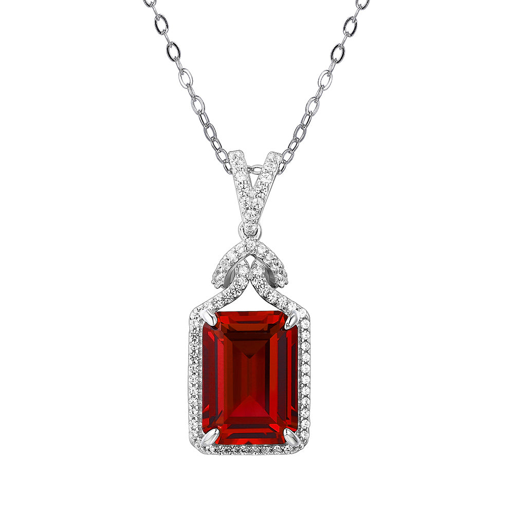 Emerald Cut Ruby Sterling Silver Halo Necklace Pendant - ReadYourHeart