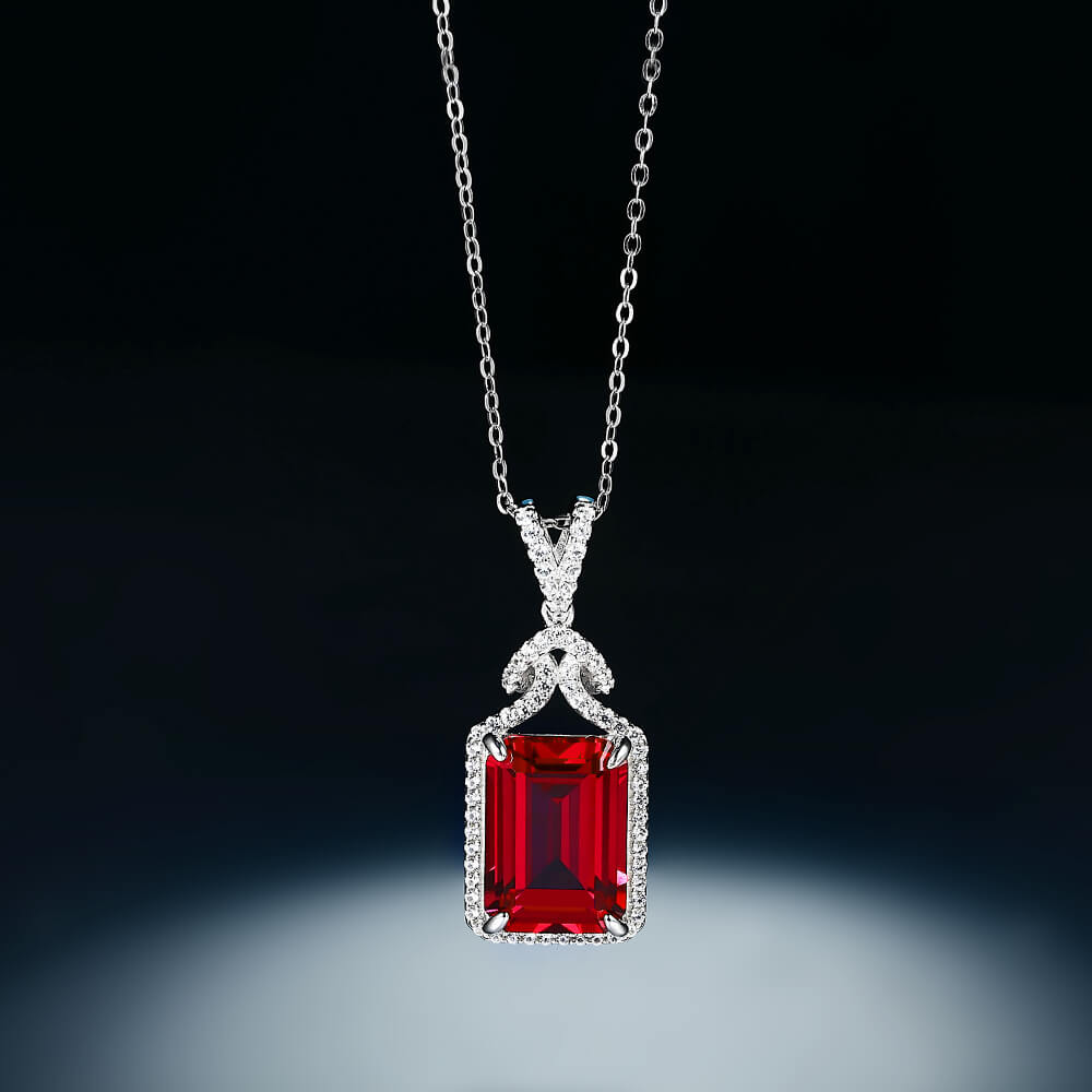 Halo Emerald Cut Ruby Necklace Pendant In Sterling Silver - ReadYourHeart