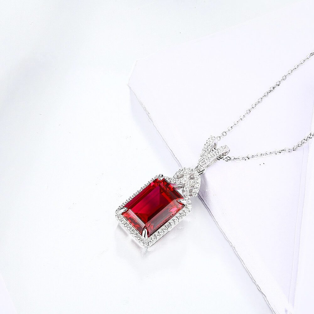 Emerald Cut Ruby Sterling Silver Halo Necklace Pendant - ReadYourHeart