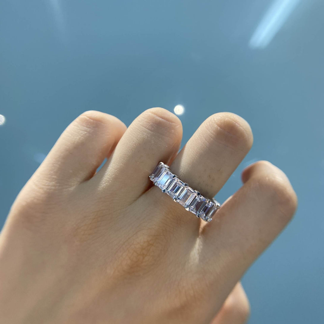 Emerald Cut Sapphire Eternity Sterling Silver Wedding Band - ReadYourHeart