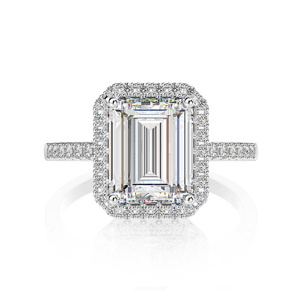 Halo Emerald Cut White Sapphire Side Stone Pave Sterling Silver Ring - ReadYourHeart