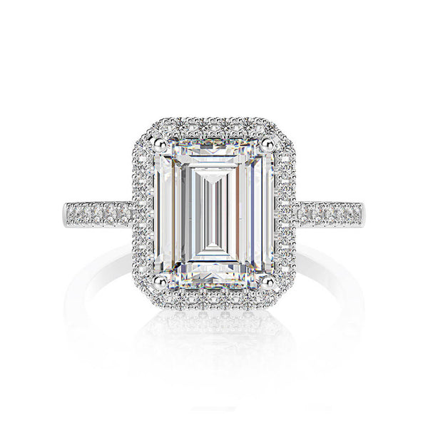 Halo Emerald Cut White Sapphire Side Stone Pave Sterling Silver Ring