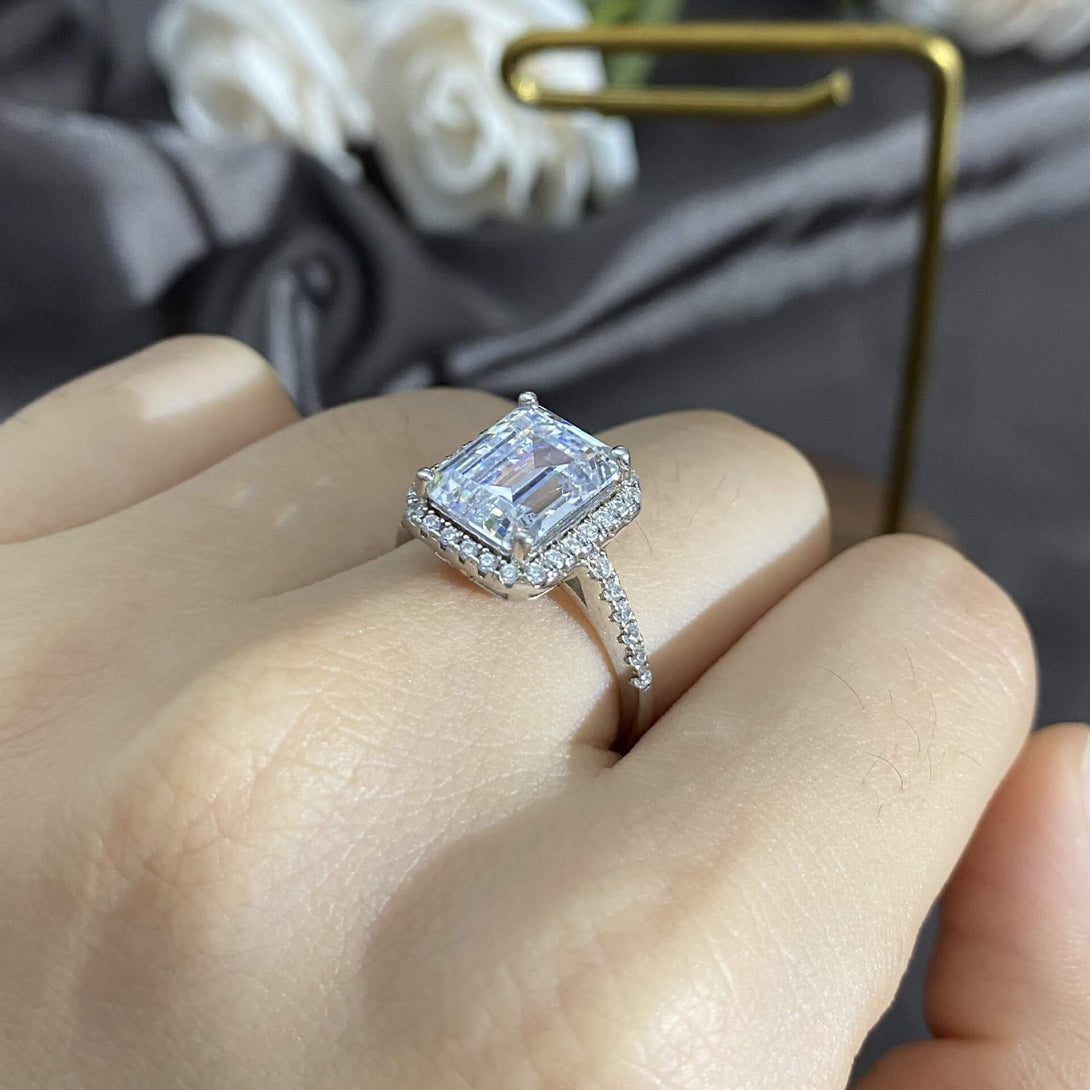 Halo Emerald Cut White Sapphire Side Stone Pave Sterling Silver Ring - ReadYourHeart