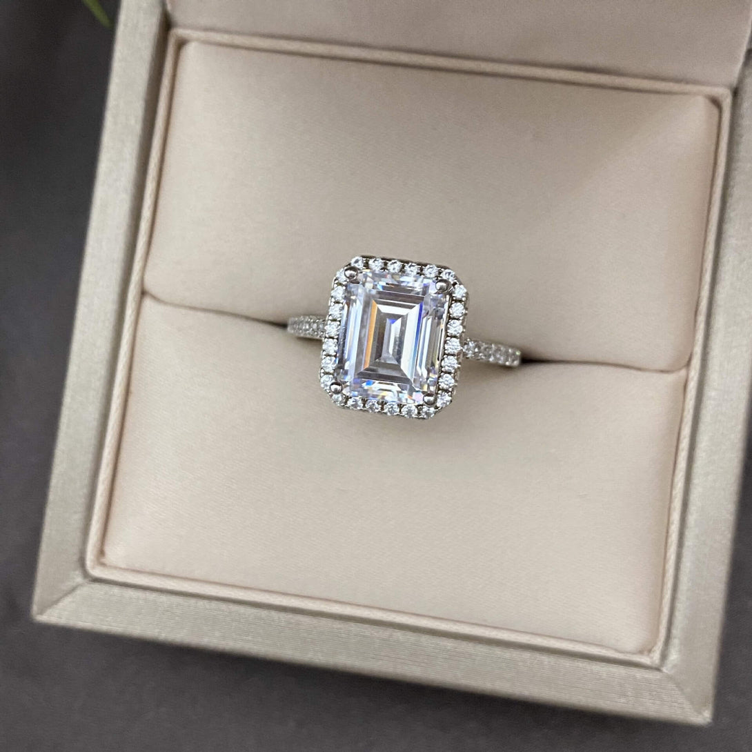 Halo Emerald Cut White Sapphire Side Stone Pave Sterling Silver Ring - ReadYourHeart
