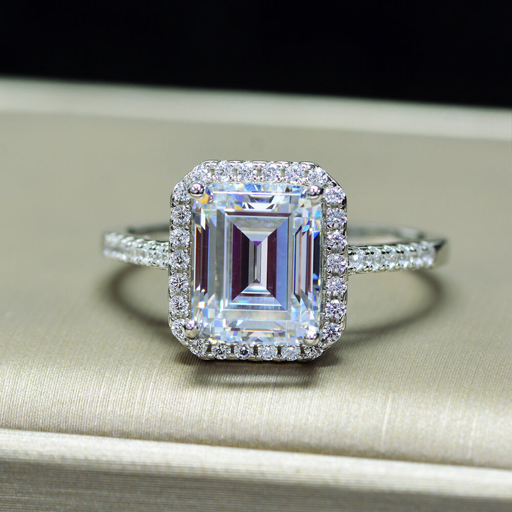 Halo Emerald Cut White Sapphire Side Stone Pave Sterling Silver Ring - ReadYourHeart