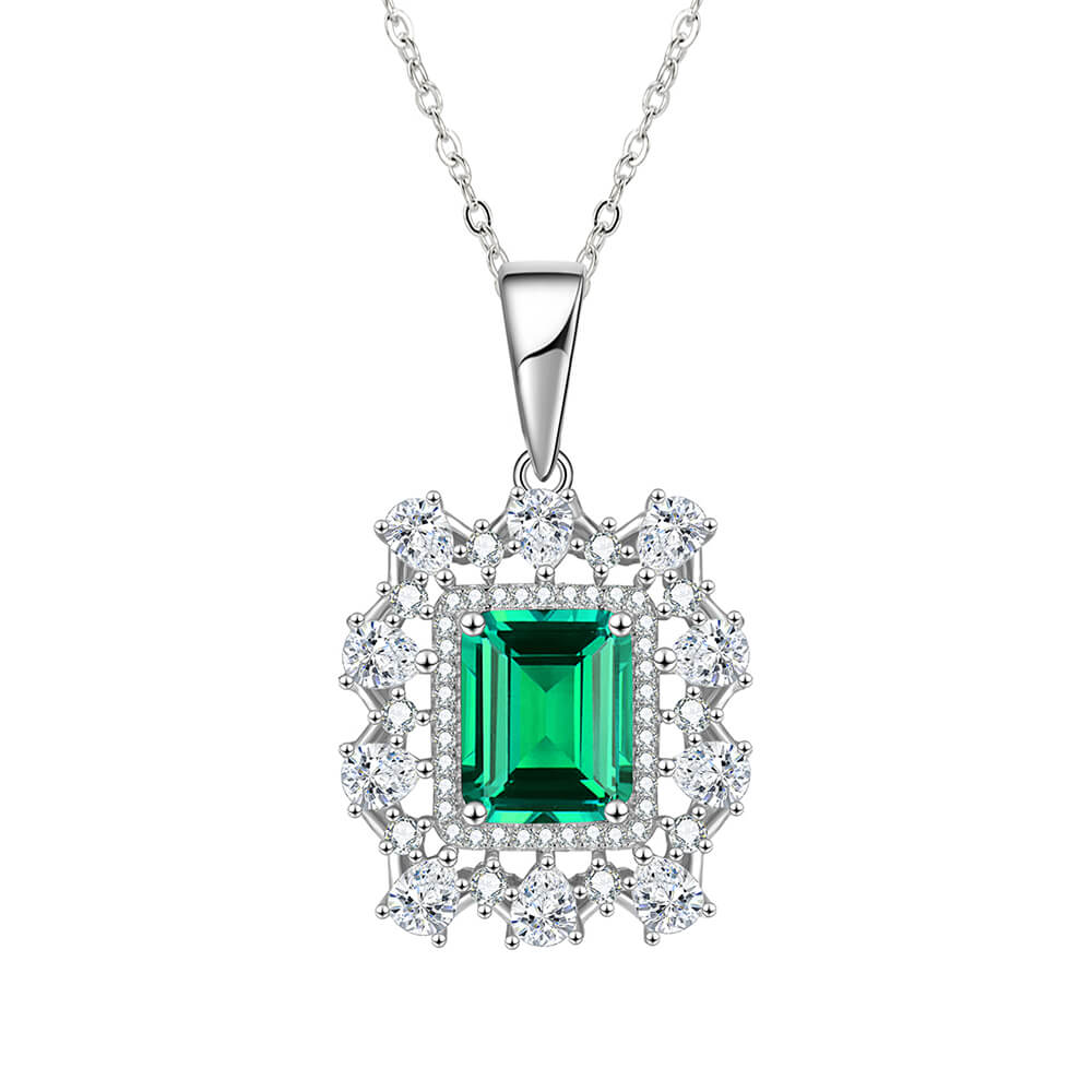 Fashion Double Halo Lab-Created Emerald Sterling Silver Necklace - ReadYourHeart
