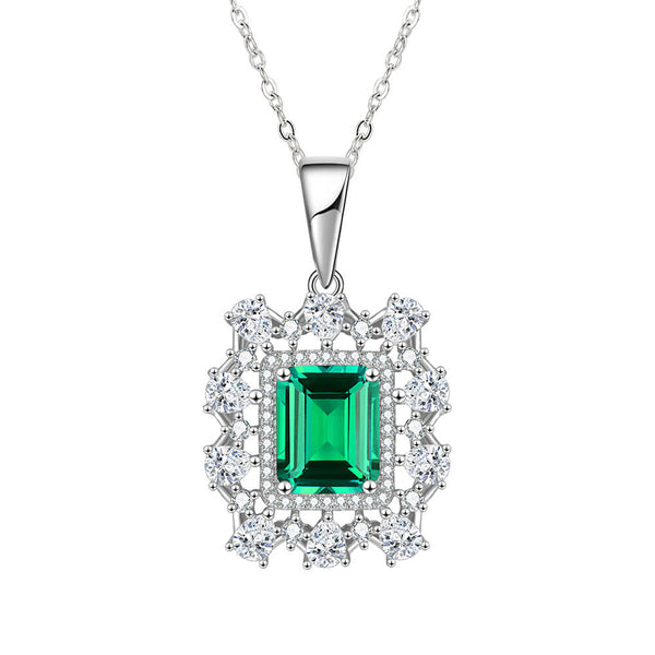 Fashion Double Halo Lab-Created Emerald Sterling Silver Necklace