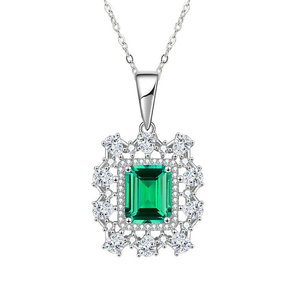 Fashion Double Halo Lab-Created Emerald Sterling Silver Necklace - ReadYourHeart