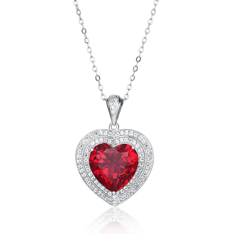 Fashion Heart Ruby Sterling Silver Double Halo Necklace Pendant - ReadYourHeart