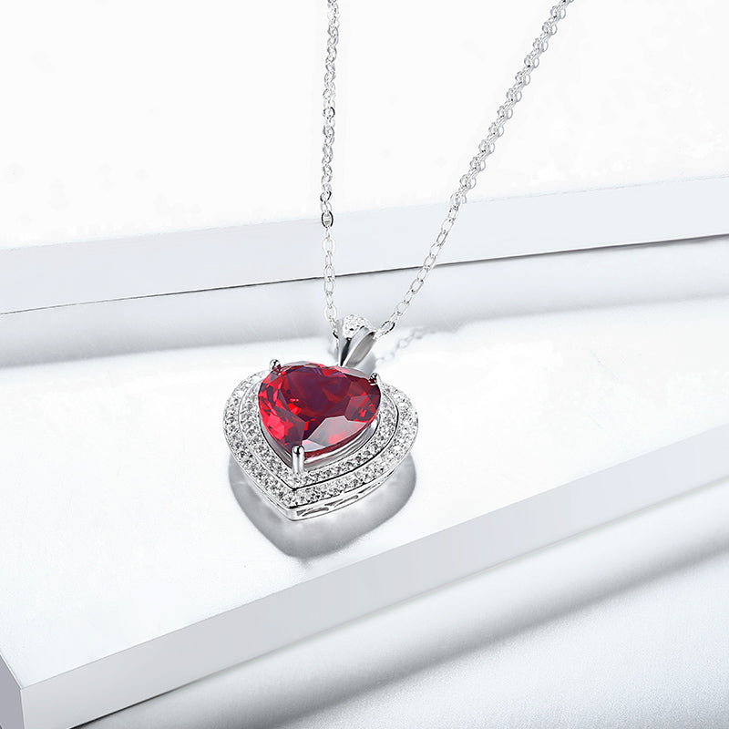 Fashion Heart Ruby Sterling Silver Double Halo Necklace Pendant - ReadYourHeart