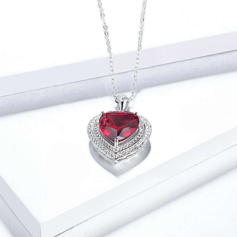 Fashion Heart Ruby Sterling Silver Double Halo Necklace Pendant - ReadYourHeart