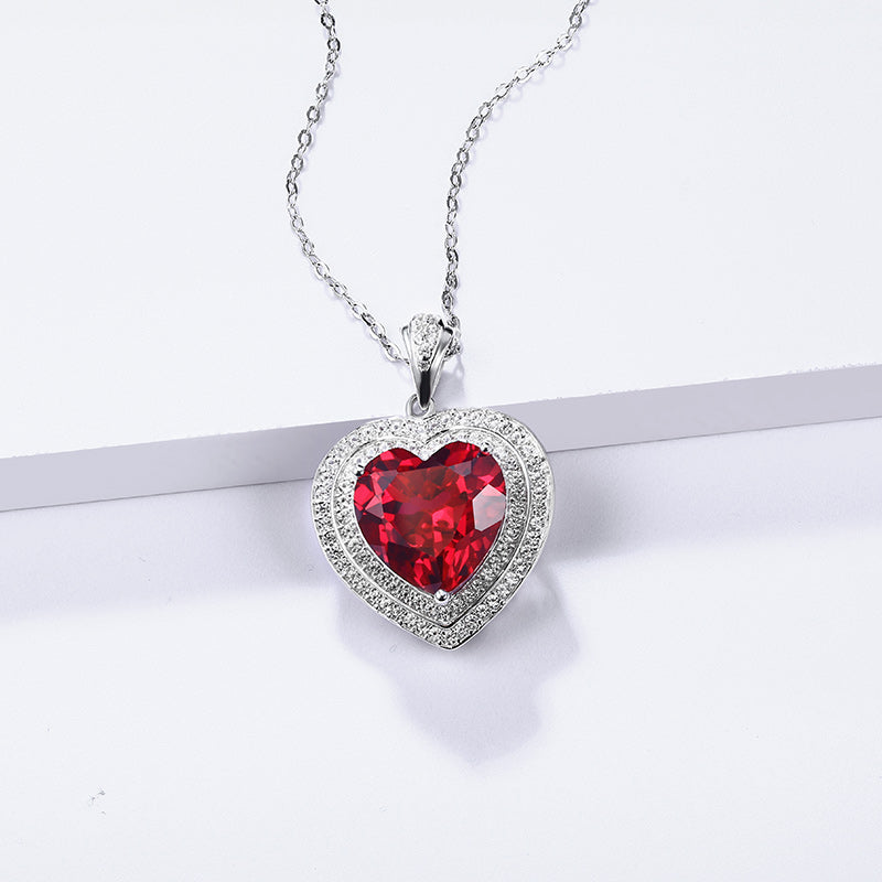 Fashion Heart Ruby Sterling Silver Double Halo Necklace Pendant - ReadYourHeart