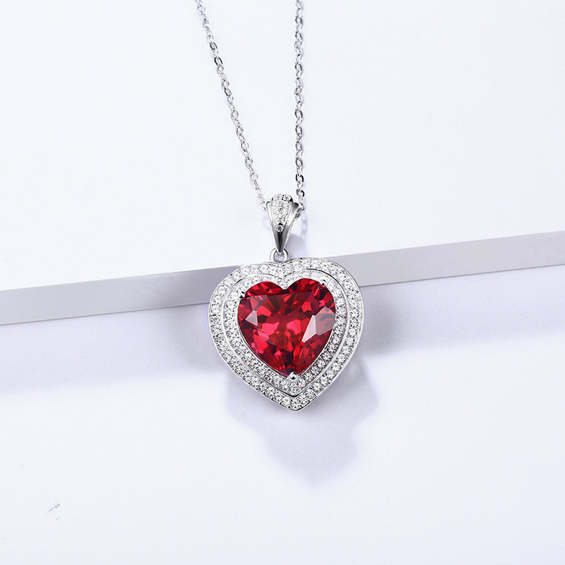 Fashion Heart Ruby Sterling Silver Double Halo Necklace Pendant - ReadYourHeart