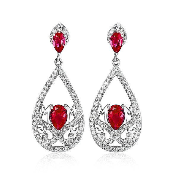 Fashion Pear Ruby Sterling Silver Drop Halo Earrings - ReadYourHeart