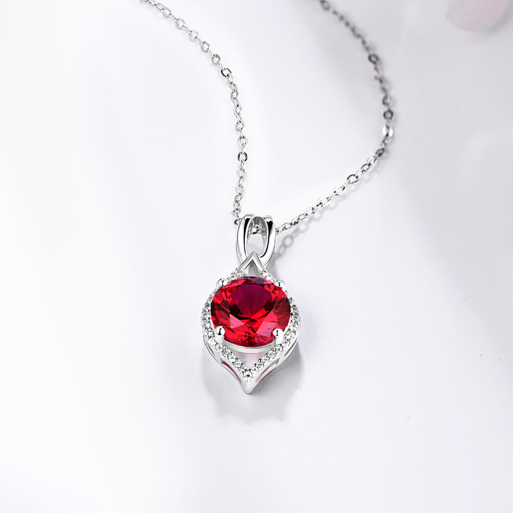 Fashion Round Ruby Sterling Silver Halo Necklace Pendant - ReadYourHeart