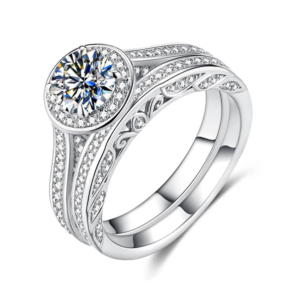 Filigree Halo Moissanite Channel Set Bridal Engagement Ring Set
