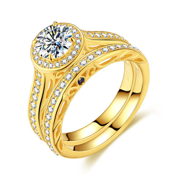Filigree Halo Moissanite Channel Set Yellow Gold Bridal Engagement Ring Set