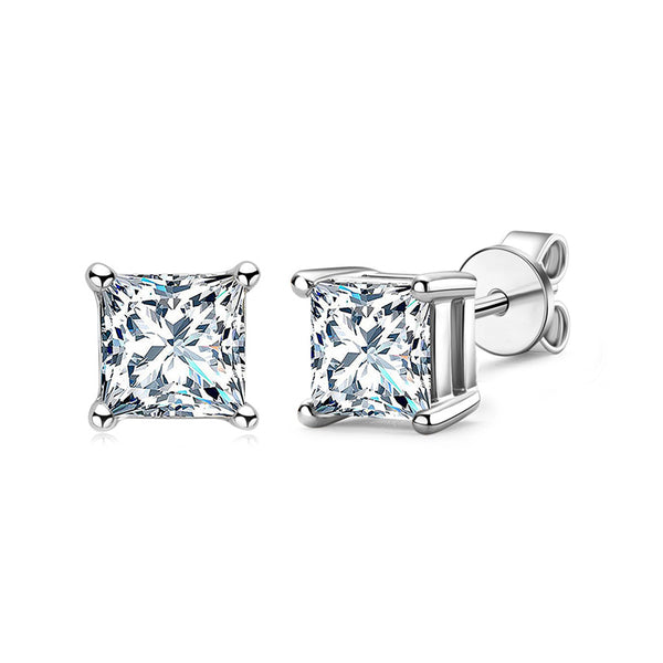 Four Prong Princess Cut Moissanite Stud Earrings In Sterling Silver