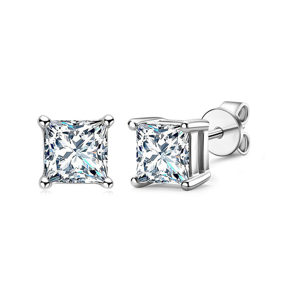 Four Prong Princess Cut Moissanite Stud Earrings In Sterling Silver - ReadYourHeart