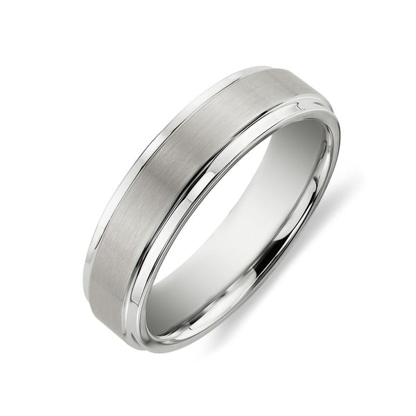 Grey Brushed and Polished Step Wedding Band Ring In Sterling Silver For Men