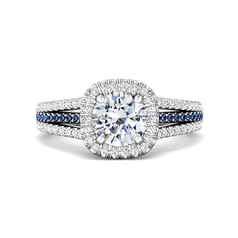 Halo Round Moissanite Sapphire Triple Row Pave Engagement Ring - ReadYourHeart