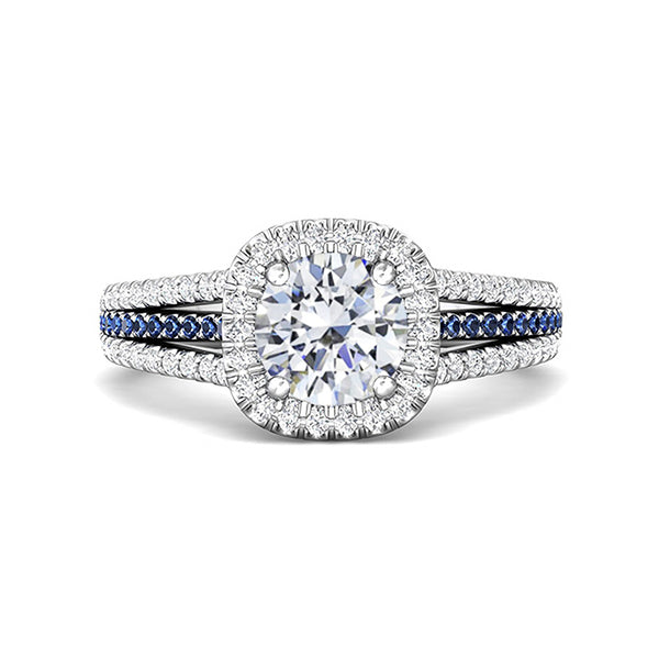 Halo Round Moissanite Sapphire Triple Row Pave Engagement Ring