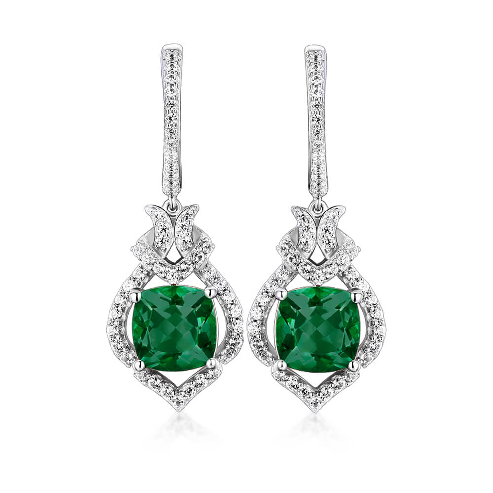 Halo Cushion-Cut Lab-Created Emerald Sterling Silver Drop Earrings - ReadYourHeart