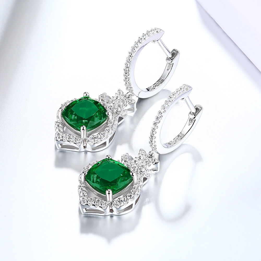Halo Cushion-Cut Lab-Created Emerald Sterling Silver Drop Earrings - ReadYourHeart