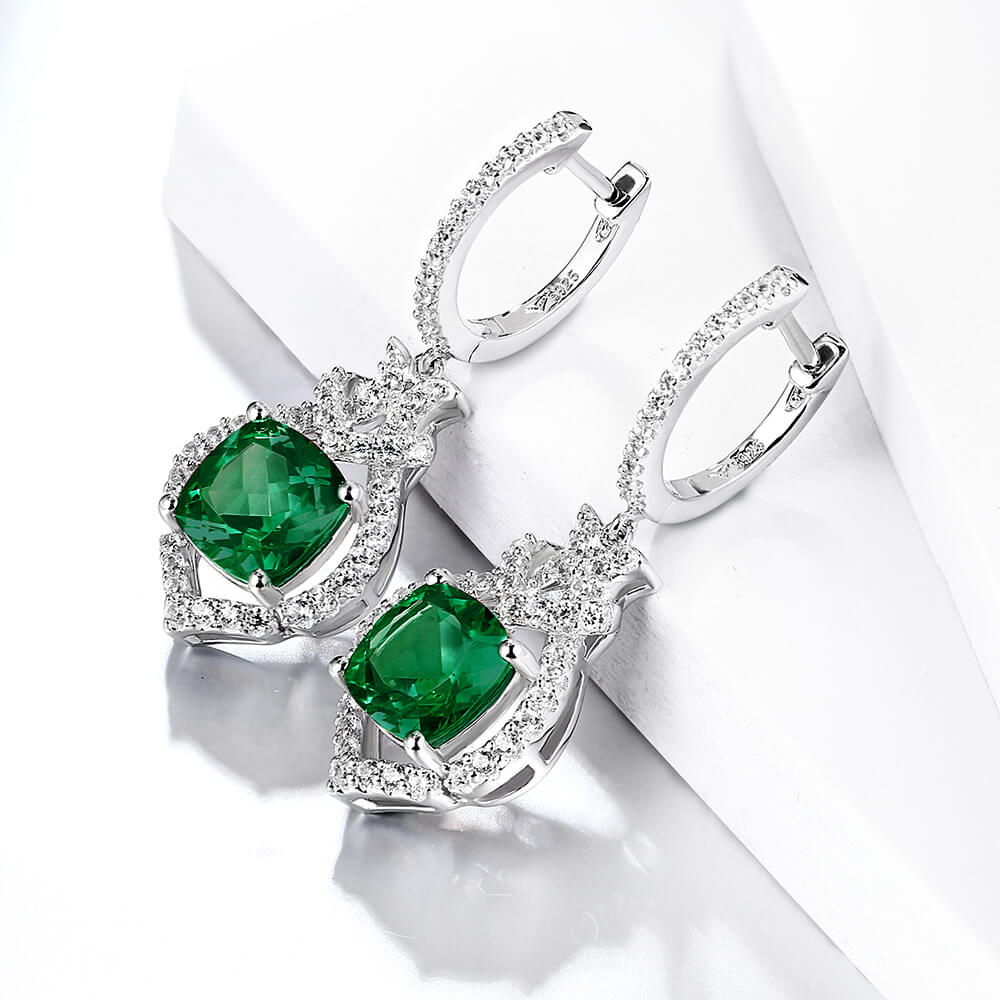 Halo Cushion-Cut Lab-Created Emerald Sterling Silver Drop Earrings - ReadYourHeart
